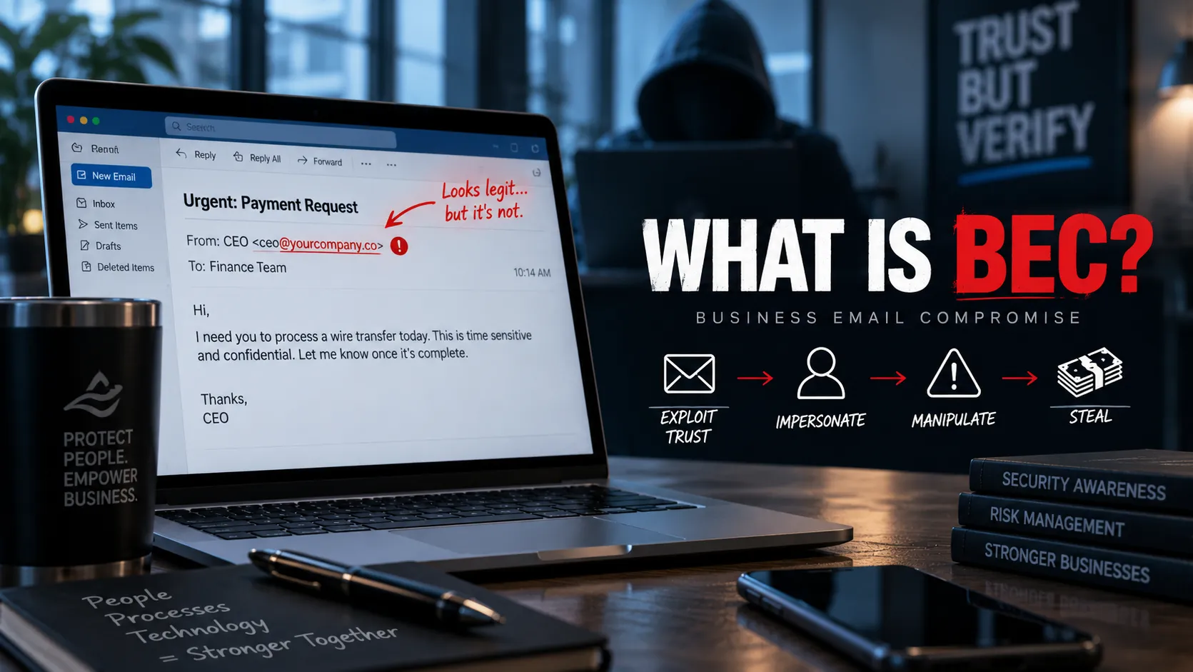 Fraudulent executive email requesting an urgent wire transfer while security indicators reveal a lookalike domain and account compromise.