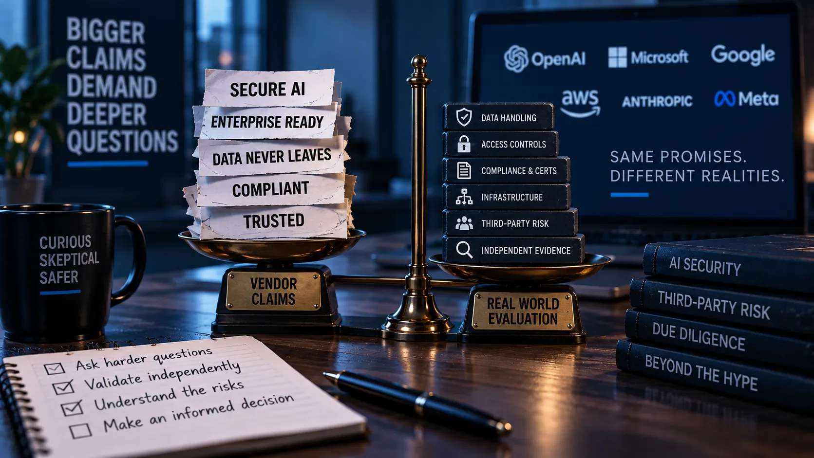 AI vendor security claims weighed against real-world evidence, including data handling, access controls, compliance, and third-party risk.