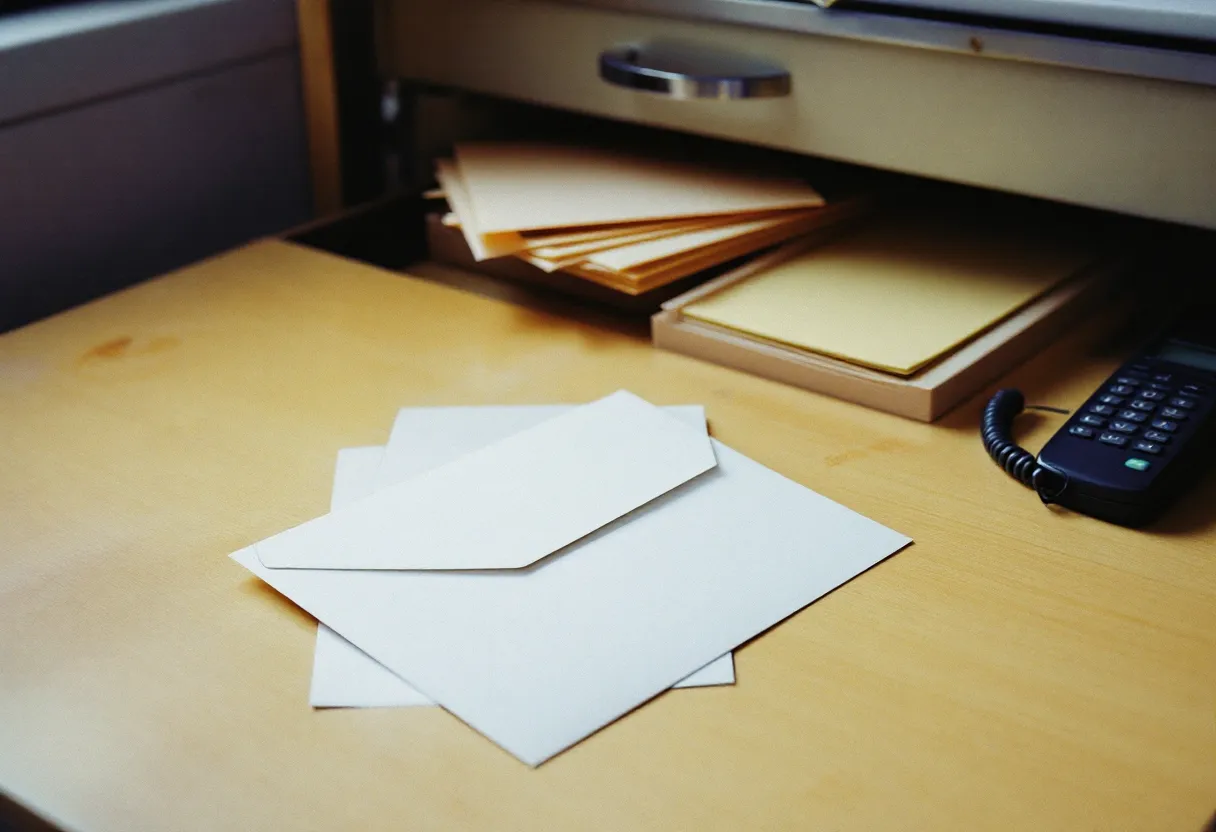 A face-down window envelope beside angled papers on a laminate desk, a half-open file drawer behind them.