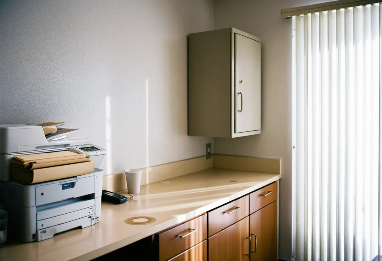 An empty leasing office counter with a standby printer, stacked folders, and a cordless phone in mid-morning light.