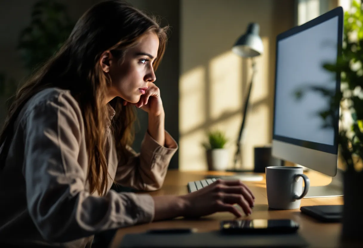 Person at desk hesitating before a computer screen, hand poised above keyboard, morning light through nearby window.