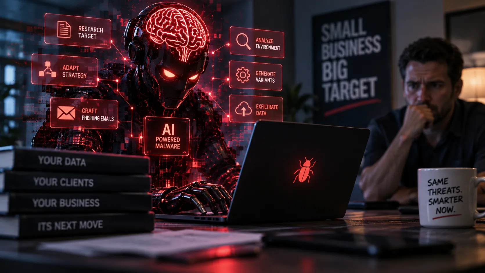 AI-powered malware autonomously analyzing a small business network, adapting its attack strategy, and targeting company data.