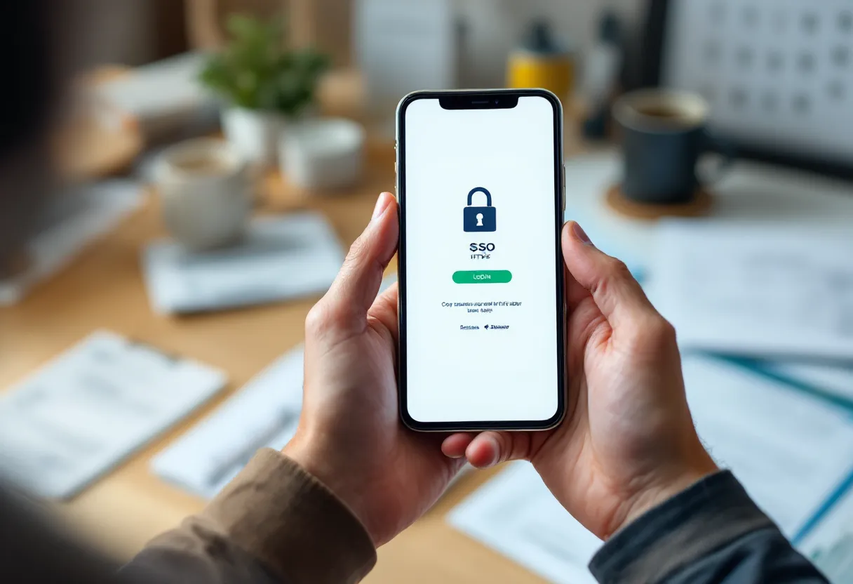 Hand holding smartphone displaying a polished login page with green padlock indicator, soft-focus office desk in background.